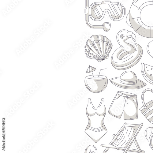 Summer square card, minimalist monochrome beach accessories icons. Right side border frame, copy space, isolated on white. Holiday and vacation. For poster, flyer, banner, invitation, social media