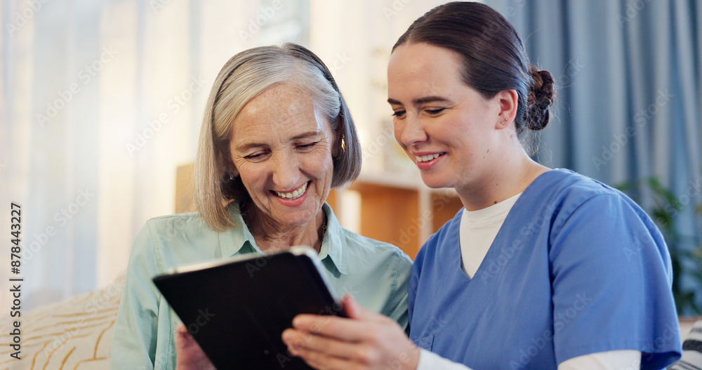 Tablet, nurse and senior woman with smile on couch for results and healthcare in home. Consultation, caregiver and technology in living room for retirement, internet or online app for medical support Tablet, nurse and senior woman with smile on couch for results and healthcare in home. Consultation, caregiver and technology in living room for retirement, internet or online app for medical support