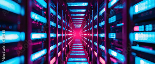 Neon-lit data center hallway with rows of server racks and digital displays, representing advanced technology and data management. © Budi