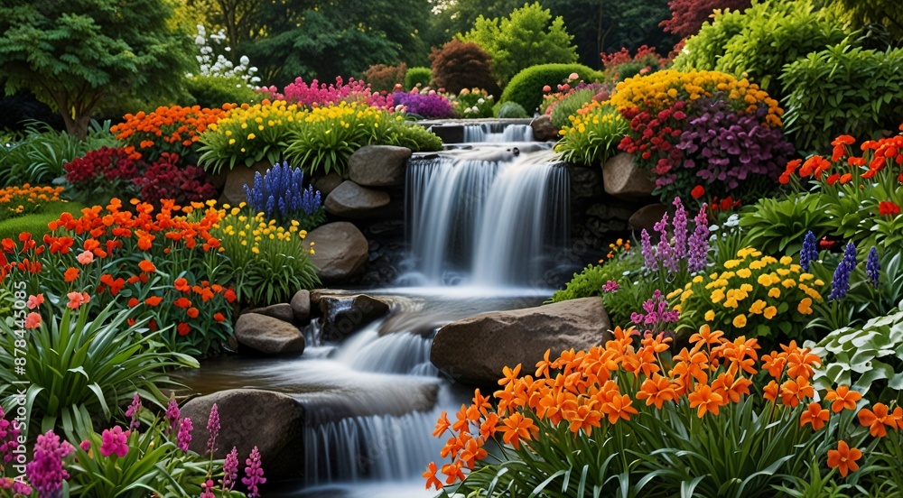 Fototapeta premium Lush garden waterfall with vibrant spring flowers, scenic backyard landscape with cascading water, colorful floral paradise and peaceful nature scenery