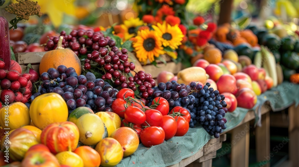 Autumn farmer's market with vibrant produce display, featuring a bountiful array of seasonal fruits and vegetables Autumn farmer's market with vibrant produce display, featuring a bountiful array of seasonal fruits and vegetables