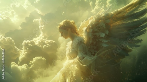 Angel in the clouds, ethereal and heavenly scene, emphasizing purity and grace photo