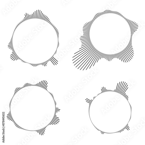 Music equalizer and sound wave. Circular sound waves, depicting audio music,icons and logos for equalizers, radial spectrum designs, ring patterns. Vector illustrations isolated on white background.