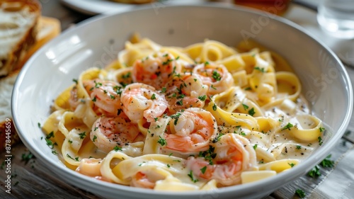 A delicious bowl of shrimp Alfredo fettuccine garnished with fresh herbs, served in a white bowl with bread on the side.
