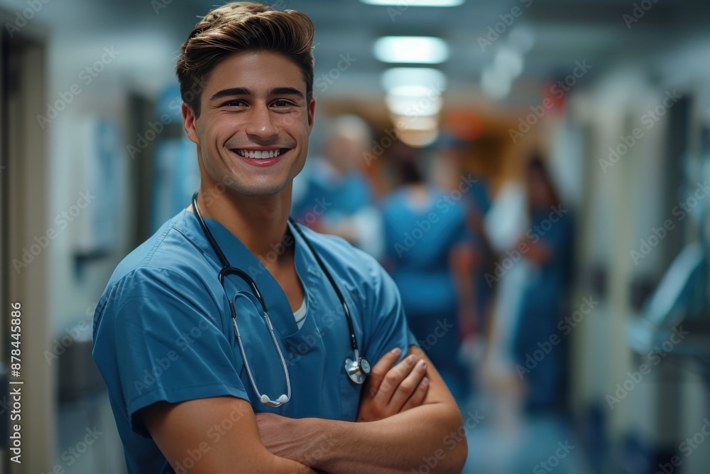 Fototapeta premium A cheerful young healthcare professional, wearing scrubs and a stethoscope, standing confidently in a hospital corridor with colleagues in the background. 