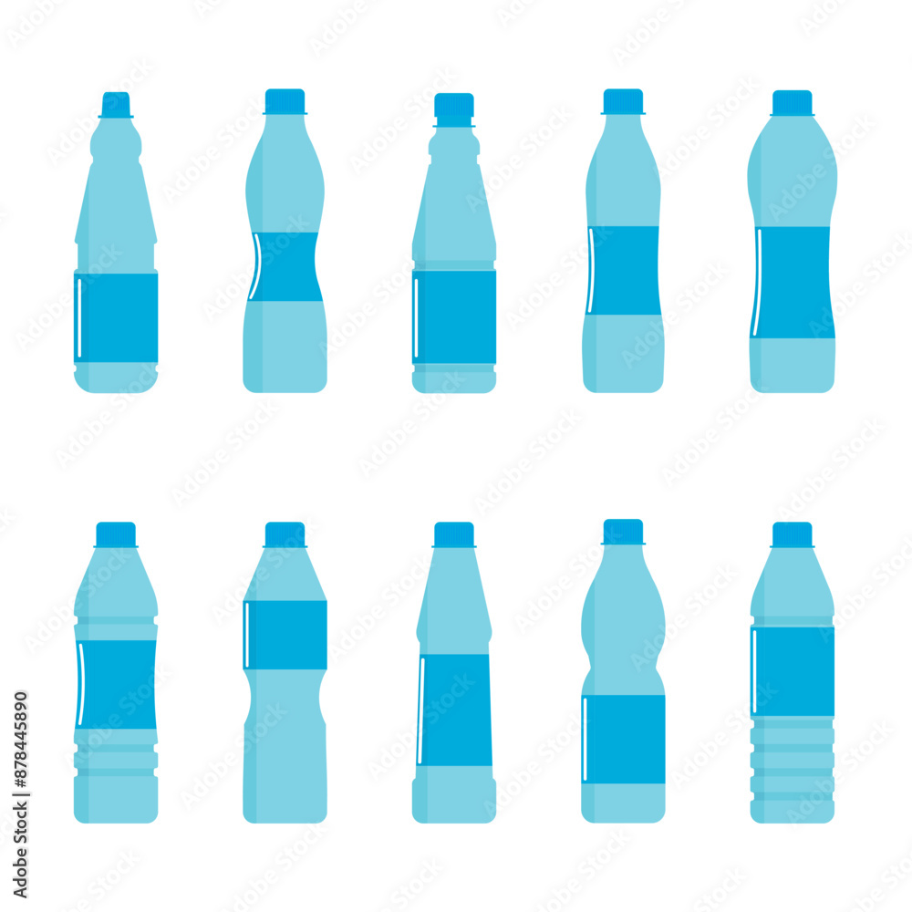 Blue plastic bottle for drinks in a flat design. Set of plastic bottle. Water bottle icons Blue plastic bottle for drinks in a flat design. Set of plastic bottle. Water bottle icons