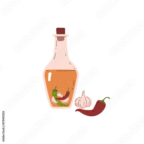 Flat lay bottle of vinegar with garlic and pepper on isolated background.