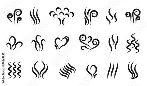 Fragrances evaporate line icon collection. Smells, hot air, aroma icons