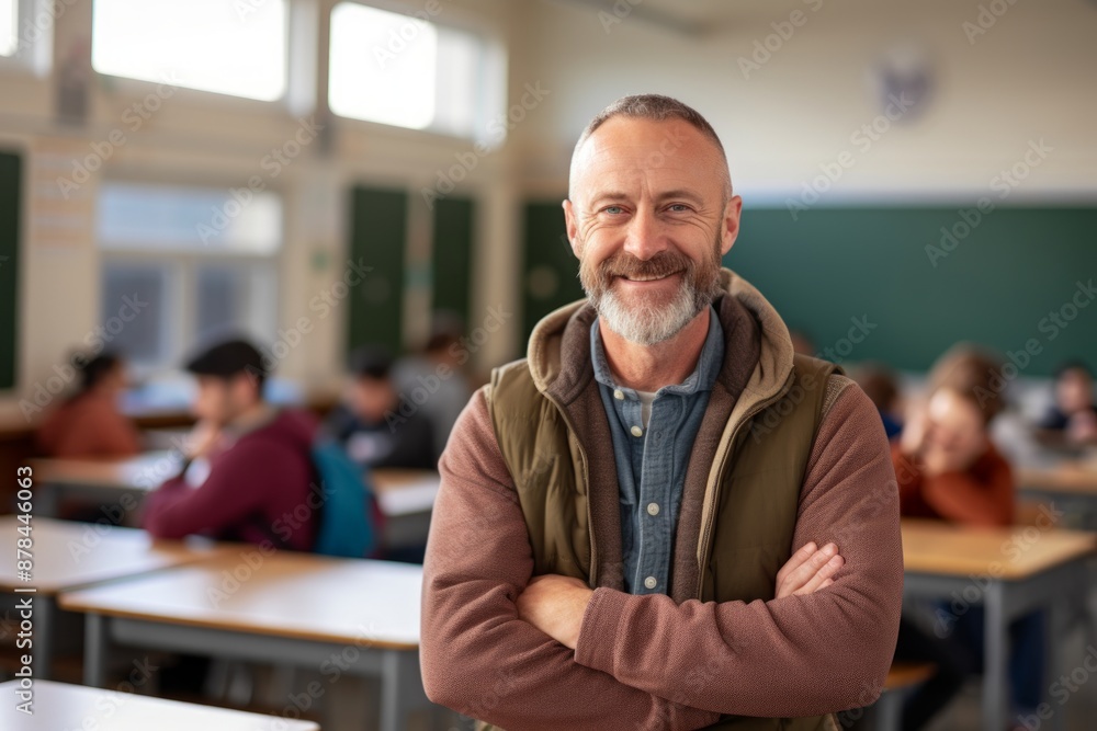 Portrait of a cheerful man in his 50s wearing a zip-up fleece hoodie while standing against lively classroom background Portrait of a cheerful man in his 50s wearing a zip-up fleece hoodie while standing against lively classroom background
