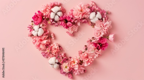 Heart-shaped floral composition of pink flowers and cotton on pastel pink background