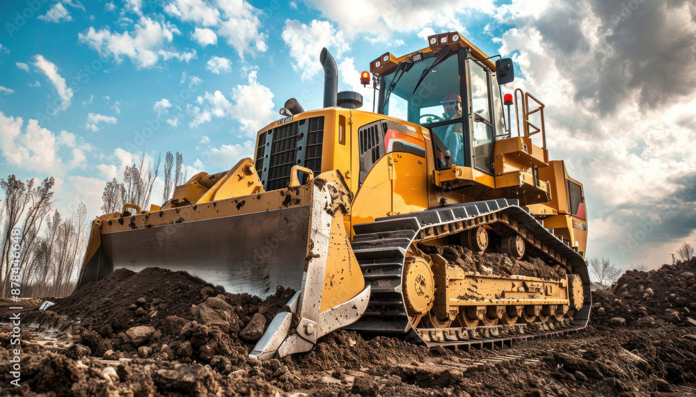 A bulldozer is currently engaged in the process of relocating soil within a construction area A bulldozer is currently engaged in the process of relocating soil within a construction area