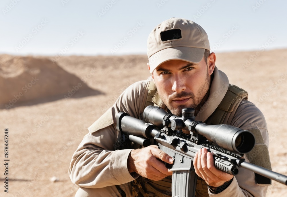 Fototapeta premium war conflict sniper shooter holding sniper