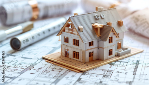 A model house is displayed on a blueprint to highlight its design for a building project