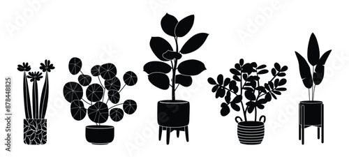 Potted plants silhouette icon set. Black color indoor houseplants in flowerpots. Botanical floral elements in pots for home decor. Flat monochrome vector illustration isolated on white background.