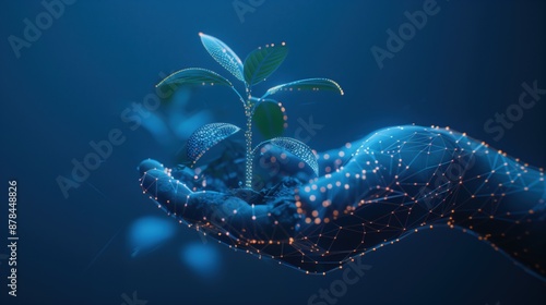 A digital hand holding a young plant, symbolizing technology and growth in a futuristic, blue-themed environment. photo