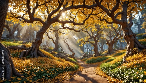 enchanted forest with golden leaves and sunbeams. essence of autumn with vibrant yellow foliage, ancient trees, and a serene woodland path that invites exploration. photo