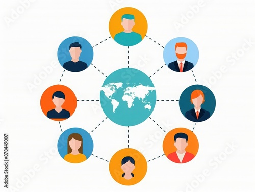 Global communication network illustration with diverse avatars connected around the world map. Concept of remote work and virtual collaboration.