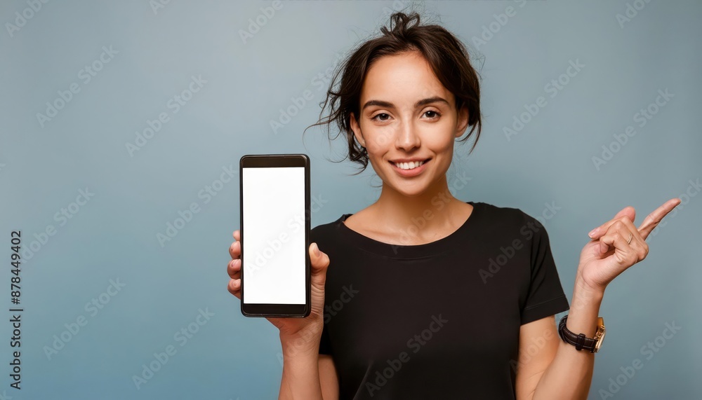 A smiling young woman in a black shirt holds up a smartphone with a blank screen, pointing with her other hand A smiling young woman in a black shirt holds up a smartphone with a blank screen, pointing with her other hand