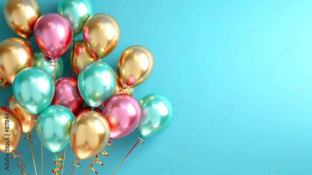 Colorful Balloons on Blue Background: Birthday Concept - Festive Banner for Celebrations Colorful Balloons on Blue Background: Birthday Concept - Festive Banner for Celebrations