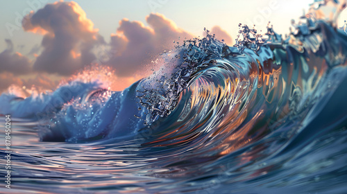 Blue sea wave background ,Beautiful sea waves at sunset ,Ocean wave at sunset, 3d render. Ocean landscape background
