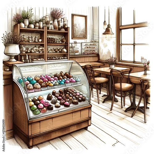 The image shows an illustration of an environment that appears to be a cafe or pastry area. There is a chocolate shelf with several varieties of decorative chocolates and possibly different flavors, s photo