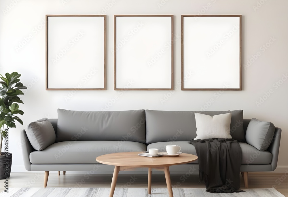 Three empty vertical picture frames in a modern Japanese living room with a grey sofa and minimalist table. Wall art mockup. Generative AI Three empty vertical picture frames in a modern Japanese living room with a grey sofa and minimalist table. Wall art mockup. Generative AI
