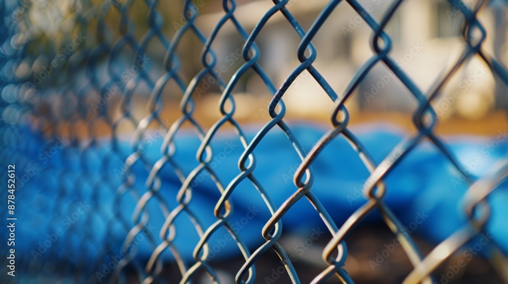 Naklejka premium Safety barrier with blurred background at outdoor shelter or clinic. Closeup of a wire security barrier outside with enclosure or barricade.
