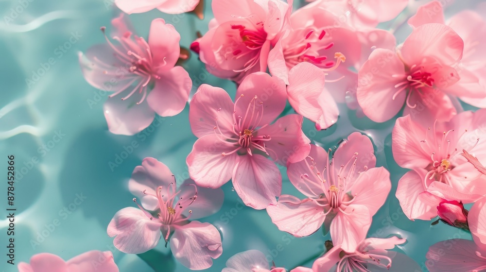 Delicate voluminous pink flowers on a blue background, showcasing beauty and elegance Delicate voluminous pink flowers on a blue background, showcasing beauty and elegance