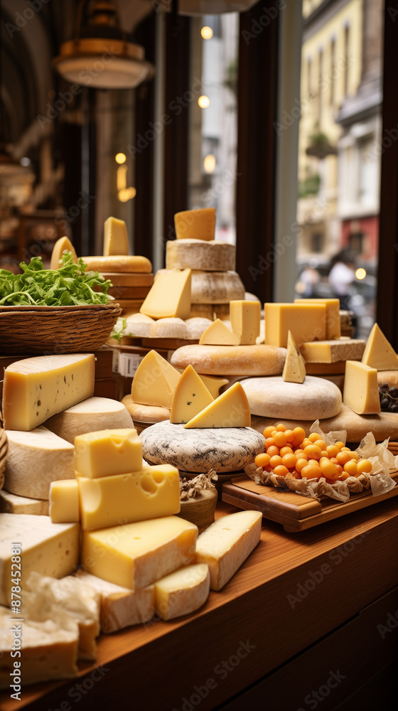 cheese stall in the market, a lot of different cheese, a large stall, fruit, ultra real cheese stall in the market, a lot of different cheese, a large stall, fruit, ultra real