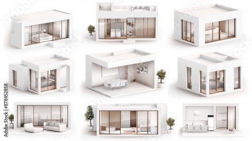 A collection of nine minimalist white modern homes with various interior and exterior views.