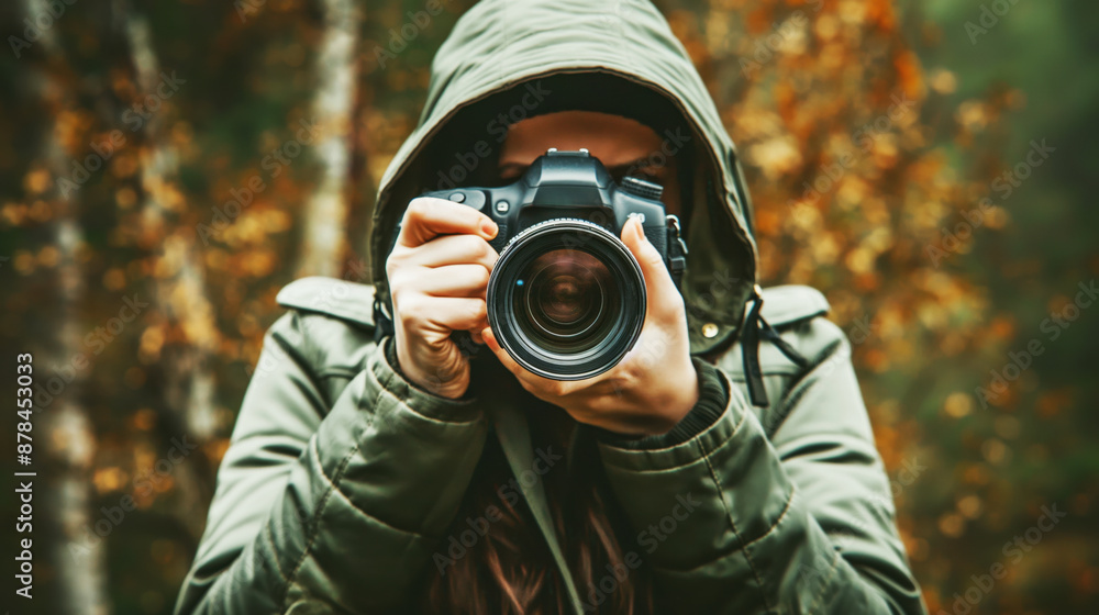 Person in a hood aiming a camera directly at the viewer in an autumn setting Person in a hood aiming a camera directly at the viewer in an autumn setting
