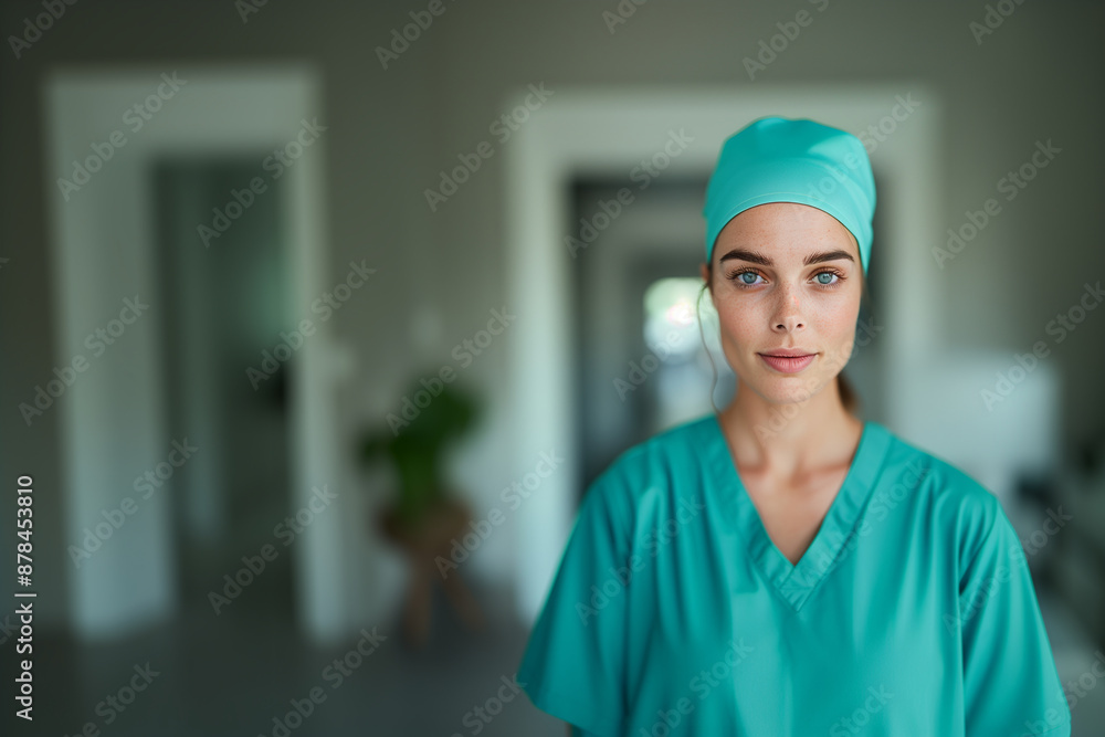 Exuding warmth and professionalism, a young female reconstructive surgeon in green scrubs smiles in a bright, clinical environment. Exuding warmth and professionalism, a young female reconstructive surgeon in green scrubs smiles in a bright, clinical environment.