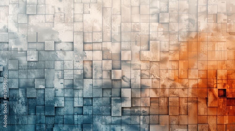 Abstract digital art with a textured, tiled surface in shades of blue, gray, and orange. Abstract digital art with a textured, tiled surface in shades of blue, gray, and orange.