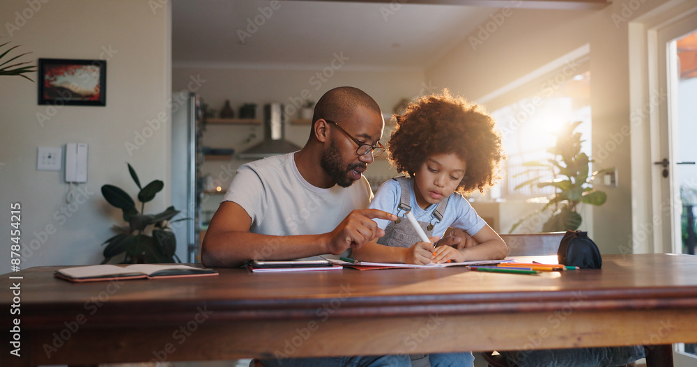 Fototapeta premium African man, child and homework book with helping hand, check and guide for progress in family house. Learning, father and son with support, care and notebook for education at apartment in Chicago