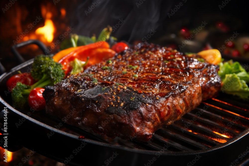 grilled meat steak and herbs and vegetables cooked on fire as a barbecue, delicious food grilled meat steak and herbs and vegetables cooked on fire as a barbecue, delicious food