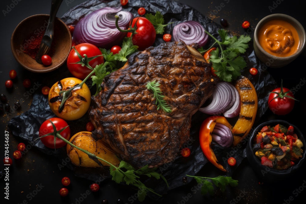 grilled meat with potatoes, and vegetables and herbs cooked on fire as a barbecue, delicious food grilled meat with potatoes, and vegetables and herbs cooked on fire as a barbecue, delicious food