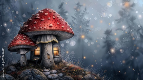 A whimsical mushroom house with glowing windows nestled in a snowy forest. photo