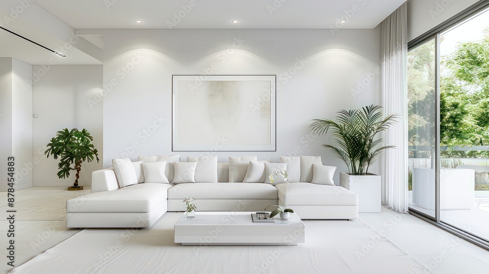 Fototapeta premium Modern living room with a white sectional sofa and minimalist decor. The space is accented with greenery, large windows, and soft lighting, creating a serene and elegant ambiance.