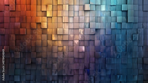 Abstract background with a wall of colorful 3D cubes.  The cubes fade from red to blue creating a gradient effect. photo