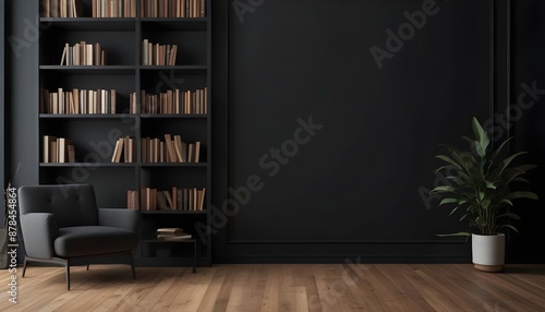 Fototapeta Naklejka Na Ścianę i Meble -  The minimalist interior design of the modern living room with an armchair, wooden floor, and bookshelf against a black wall mock-up with a copy space area. Generative AI