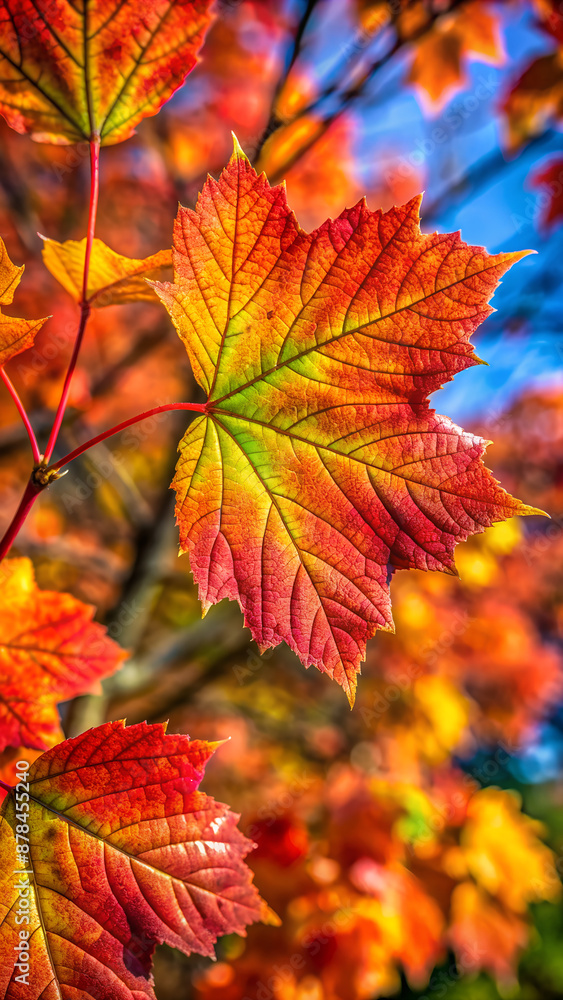 The image displays a close-up view of a branch from a tree, featuring multicolored leaves that vividly embody the essence of autumn The image displays a close-up view of a branch from a tree, featuring multicolored leaves that vividly embody the essence of autumn