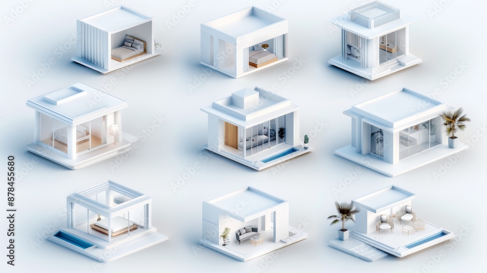 Isometric view of nine modern houses with different layouts and exterior details. Isometric view of nine modern houses with different layouts and exterior details.