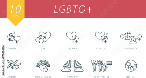 LGBTQ plus icons outline icons set. Creative icons: biphobia, gay, lesbian, bisexual, cisgender, intersex, living openly, rainbow, pride parade, asexual.