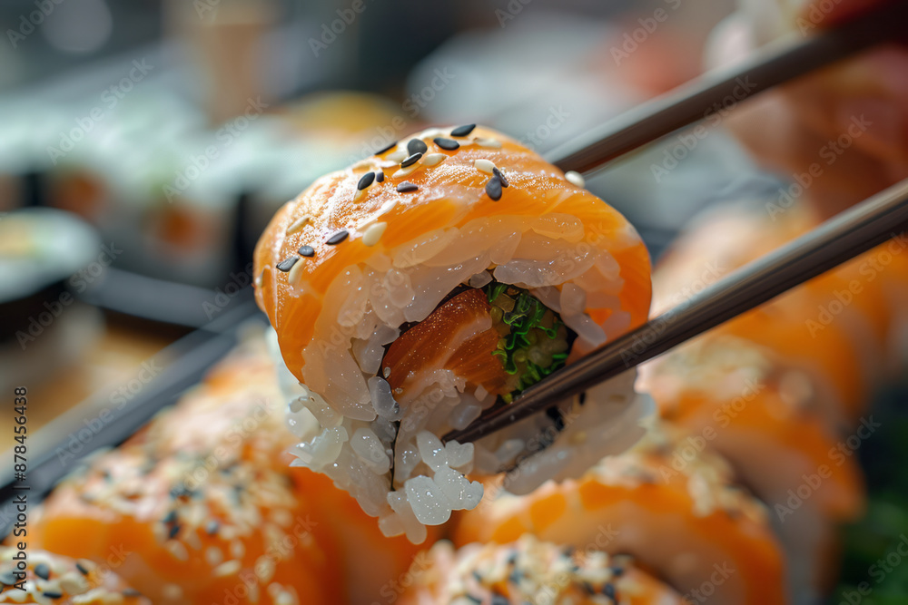 A person holding a sushi roll with chopsticks, about to take a bite, A person holding a sushi roll with chopsticks, about to take a bite,