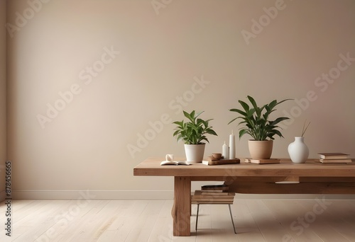 Dining room interior with wood table in rustic style. Neutral sage green empty blank wall. Background for mockup. Generative AI