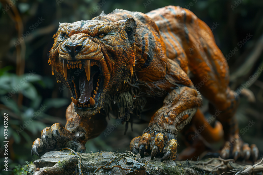 Fototapeta premium Minimalist Smilodon figurine, emphasizing its sharp teeth,