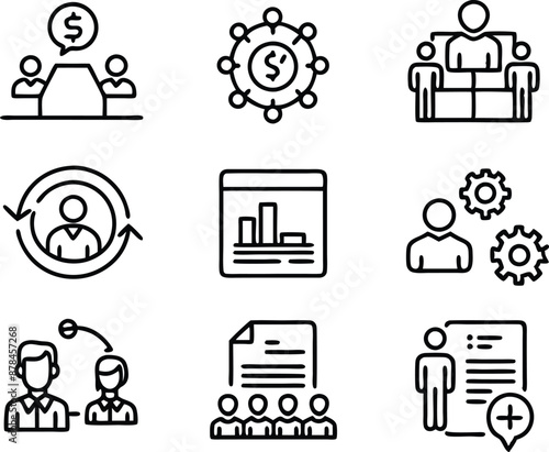 set of management icon illustration. enterprise, analysis, businessman, web, strategy, workplace, safety, communication, solution, worker