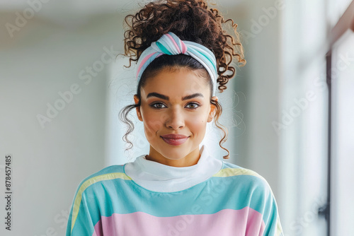 Young woman with curly hair and headband, in colorful activewear, confidently looking at camera, emphasizing fitness and style.