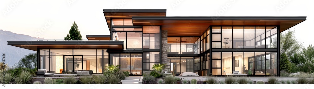 Modern house with large windows and wood accents. Modern house with large windows and wood accents.