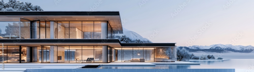 Modern house with large windows overlooking a snowy landscape. Modern house with large windows overlooking a snowy landscape.
